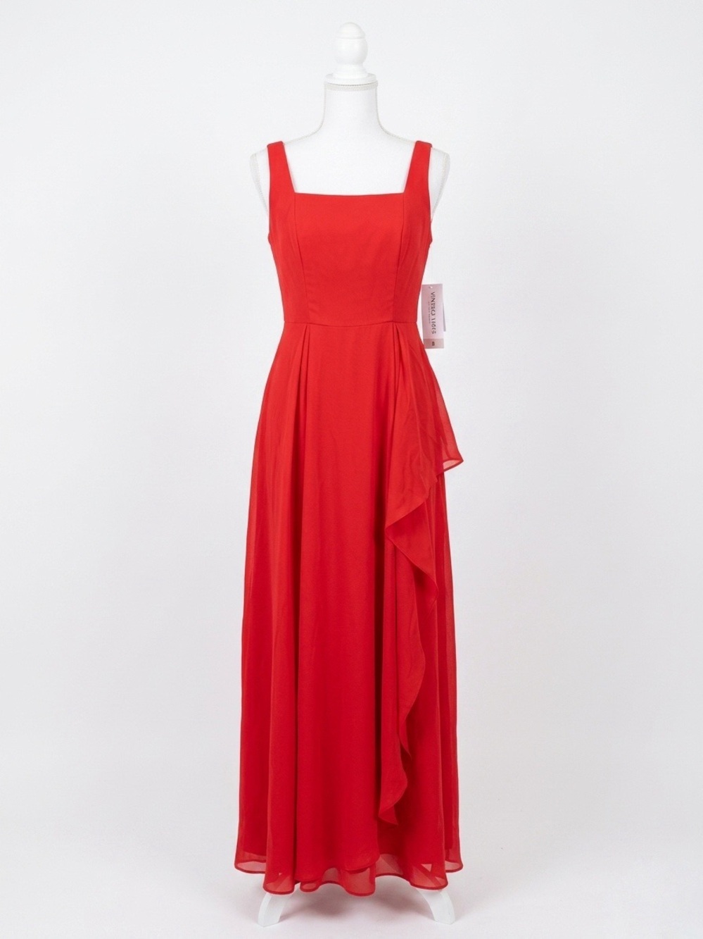 Red Square-Neck Maxi Dress with Side Ruffle